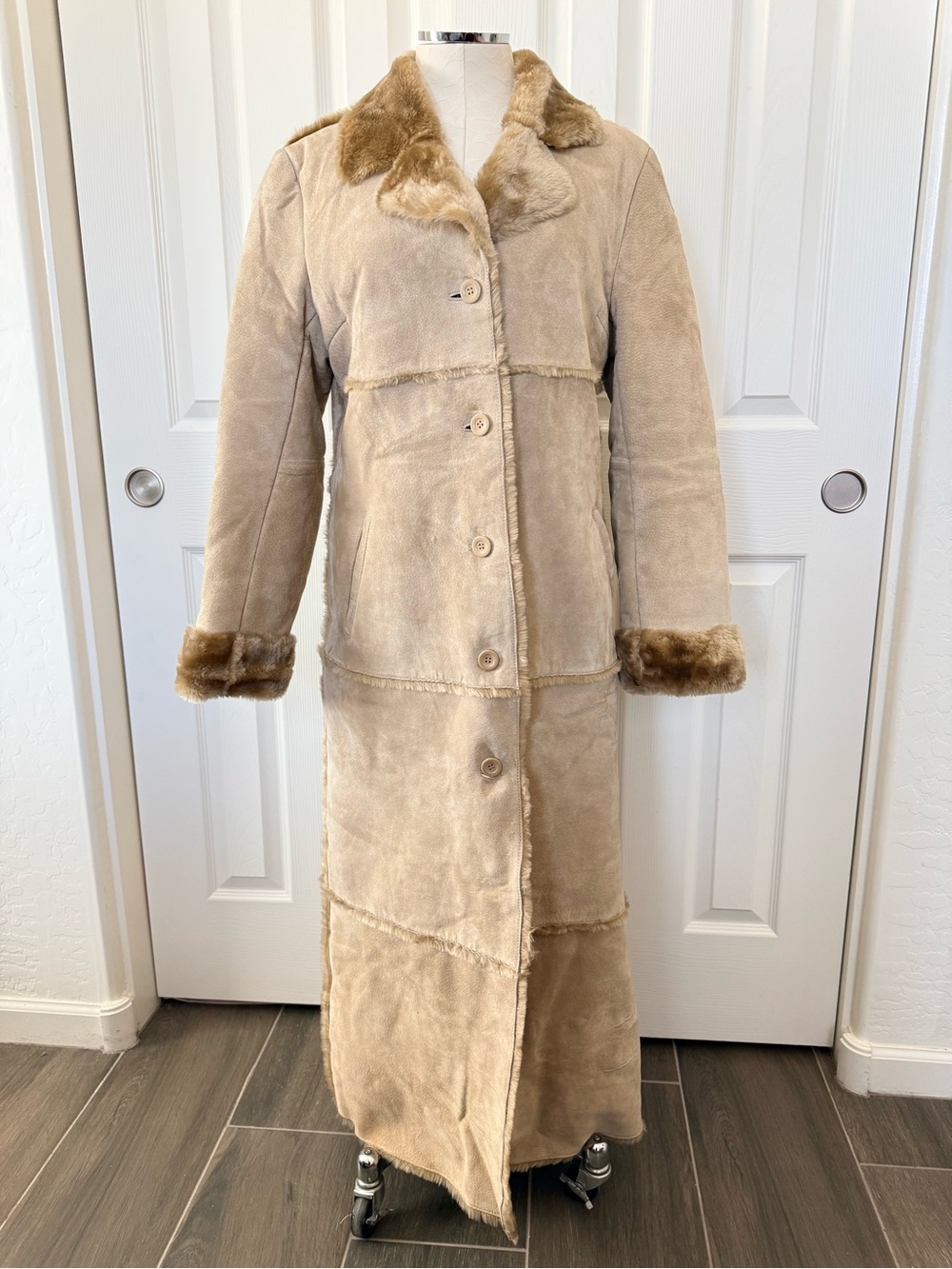 Brandon Thomas 100% Suede Leather Faux Fur Trench Coat Hippie Penny Lane Size M